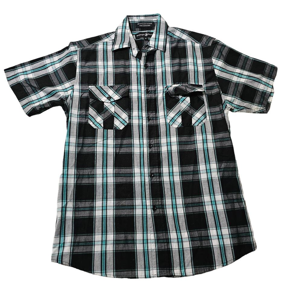 Polo Size S Collared Shirt Button Up Plaid Black White Teal
